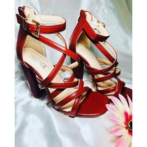 Burgendy Women's Size 6 Chunky High Heels, Open Toe Ankle Buckle Strap Sandals,